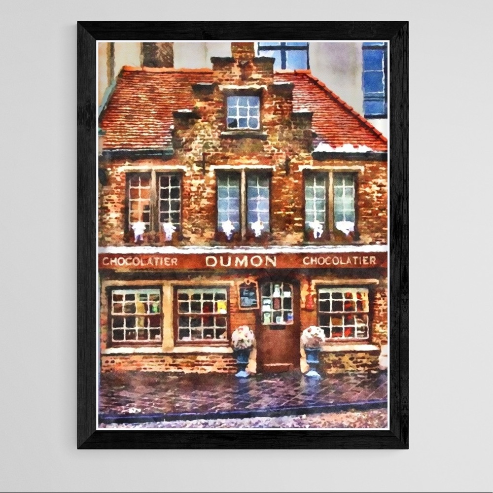 Belgium chocolate factory Europe painting watercolor art print stone house